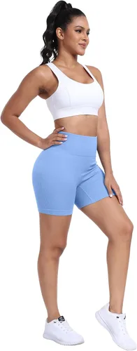 Vista 5 de Pantalones cortos de entrenamiento para mujer, pantalones cortos acanalados sin costuras, pantalones cortos de elastano de gimnasio de cintura alta