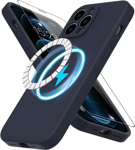 Vista 32 de DEENAKIN Funda magnética de silicona para iPhone 12 Pro con protector de pantalla, compatible con MagSafe, protección de cámara, funda protectora