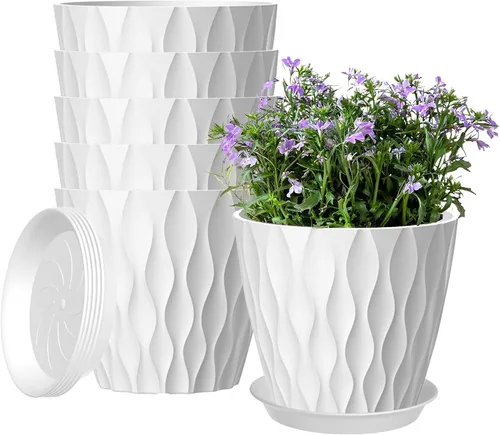 Vista 8 de Paquete de 6 macetas de 7 pulgadas con drenaje y platillos, macetas de plástico multicolor para plantas de interior y exterior, macetas apilables