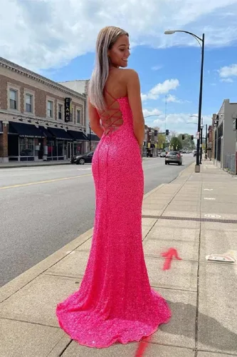 Vista 2 de TIRAS Sexy tirantes delgados, vestidos de graduación rosados largos para adolescentes con abertura en la espalda abierta, vestidos formales