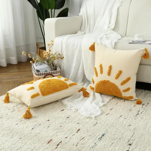 Vista 5 de Fundas de almohada bohemias de 18 x 18 pulgadas, fundas de almohada decorativas de sol con borlas, funda de almohada moderna marroquí para sofá