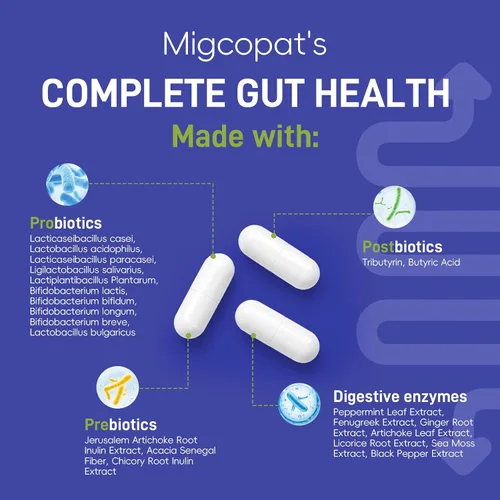 Vista 4 de Migcopat Probiótico Prebiótico, Postbiótico y Enzimas Digestivas para la Salud Digestiva, 80 Mil Millones de UFC Probióticos Soporte Intestinal