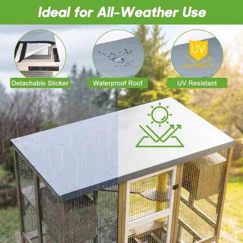 Vista 6 de Gran recinto para gatos Catio para exteriores, patio para gatos con 4 niveles, hamaca para condominio y postes rascadores, techo plano de madera
