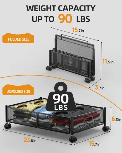 Vista 6 de Almacenamiento debajo de la cama con ruedas, contenedores de almacenamiento plegables de metal debajo de la cama, almacenamiento bajo la cama de 60