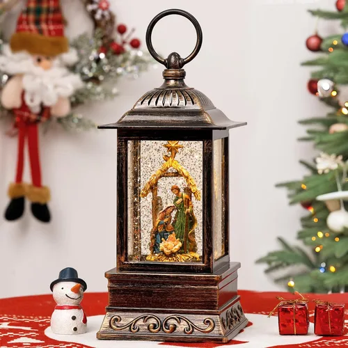 Vista 7 de Decoración de globo de nieve de Navidad, linterna de ángel con purpurina musical con temporizador de 6 horas, decoración iluminada alimentada por