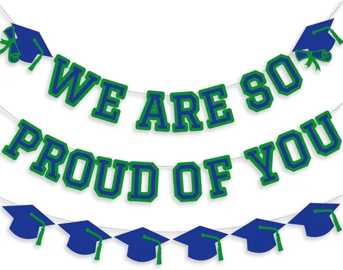 Vista 9 de Letrero con texto en inglés «We Are So Proud Of You», decoración de fiesta de graduación, guirnalda de tapa de felicitaciones, letrero de pared, Azul