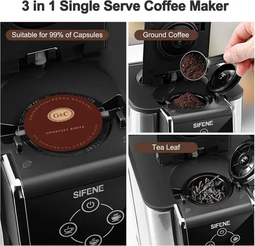 Vista 6 de Cafetera 3 en 1 de una sola porción, cápsula, cafetera molida y tetera, cafetera compacta de preparación rápida con pantalla táctil y depósito