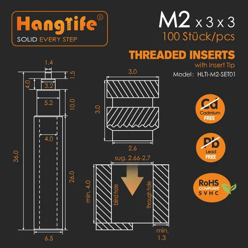 Vista 2 de HANGLIFE M2 Insertos Roscados de Ajuste Térmico con Punta de Inserción, Inserto de Juego de Calor para Componentes de Impresión 3D y Piezas