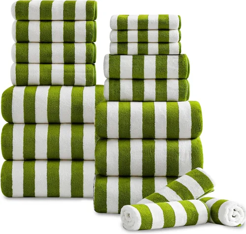 Vista 19 de Juego de 18 toallas de baño de rayas color blanco y negro con lazo para colgar, 6 toallas de baño, 6 toallas de mano, 6 toallas familiares, juego