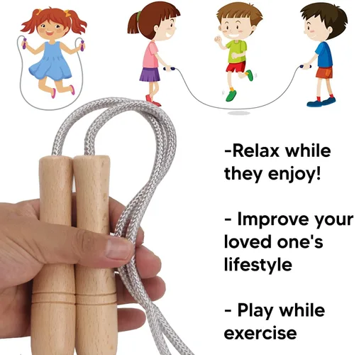 Vista 4 de Cuerda de saltar para niños, cuerda de saltar ajustable de algodón de 8.5 pies con mango de madera para niños y niñas, ejercicio al aire libre