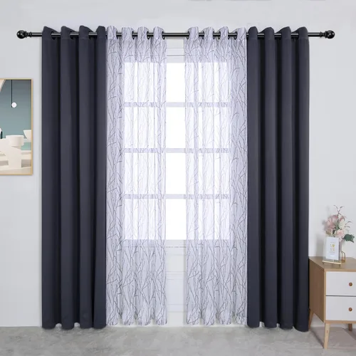 Vista 14 de BONZER Cortinas para Mezclar y Combinar - 2 Piezas de Cortinas Transparentes con Estampado de Ramas y 2 Piezas de Cortinas Opacas para Dormitorio