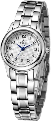 Vista 3 de BUREI Reloj de pulsera analógico de cuarzo para mujer con esfera plateada (negro) correa de reloj de acero inoxidable para mujer
