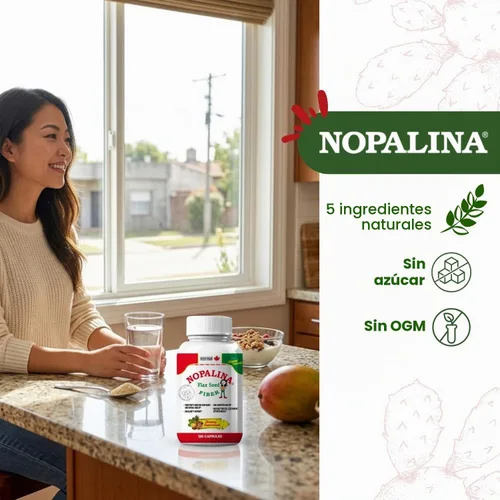 Vista 5 de Nopalina Fórmula de fibra 120 cápsulas Semilla de lino, psyllium, avena y salvado de trigo, Omega 3, 6 y 9 Salud intestinal y regularidad