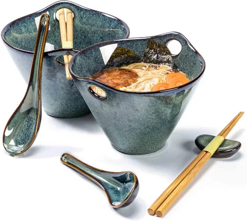 Vista 8 de Henten Home Juego de 2 cuencos de ramen de 20 onzas, cuencos de cerámica japoneses para fideos, cuencos profundos de porcelana con palillos