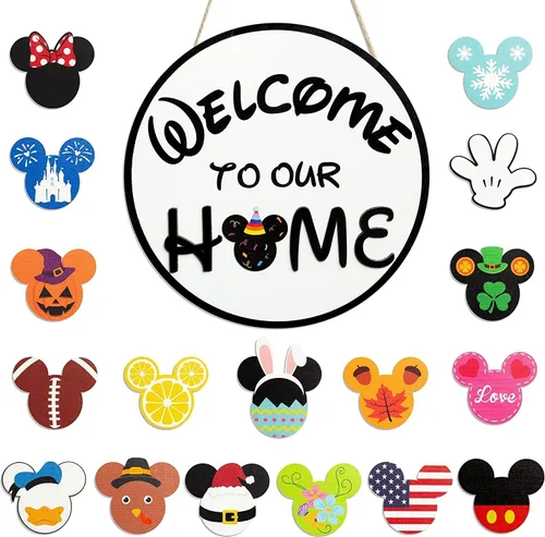 Vista 7 de SUPYFD 19 piezas de linda señal de bienvenida de ratón intercambiable de temporada para decoración de puerta delantera, señal de bienvenida a