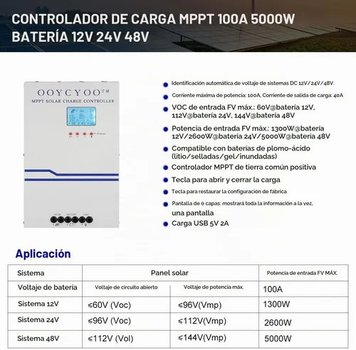 Vista 5 de Controlador de carga solar MPPT de 100 amperios 48 V, 36 V, 24 V, 12 V, auto, panel solar de entrada máxima de 150 V, panel solar de 100 A, potencia