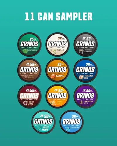 Vista 2 de Grinds Bolsas de café Paquete variado de 11 latas todo en uno Wintergreen, Double Moca, Cerveza de raíz, menta dulce, vainilla, caramelo
