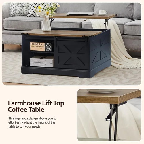 Vista 4 de Mesa auxiliar con tapa elevable, mesa de centro cuadrada de madera con puerta corrediza de granero y estante ajustable, mesa central rústica