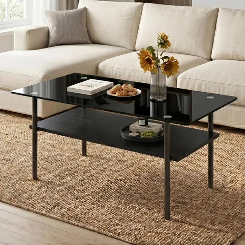 Vista 8 de IANIYA Mesa auxiliar rectangular de vidrio templado, patas de tubo de metal, mesa auxiliar para sala de estar (todo negro)
