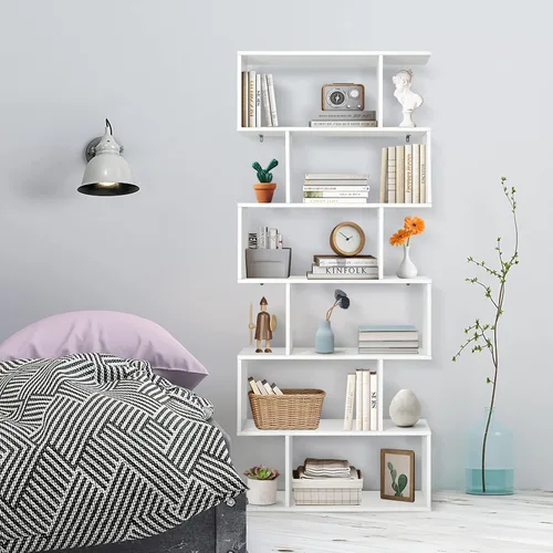 Vista 4 de Giantex Estantería geométrica blanca, de madera en forma de S, 6 niveles, moderna, independiente, decorativa, para dormitorio, sala de estar Blanco