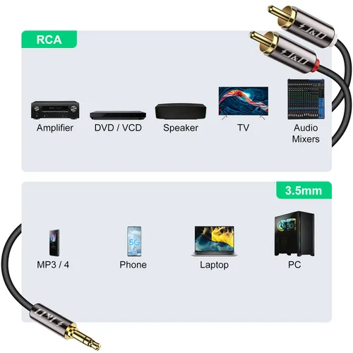 Vista 2 de J&D Cable de 0.138 in a RCA, chapado en oro de 0.138 in macho a 2RCA macho, cable auxiliar blindado resistente para cine en casa, altavoces