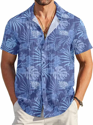 Vista 35 de COOFANDY - Camisas de botones casuales para hombre, de manga corta, con textura, camisa de playa de verano con bolsillo