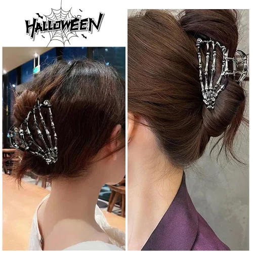 Vista 5 de AIUPUOC Pinza de pelo negro con diseño de calavera de esqueleto para peinar el cabello de mujer, pinzas de metal medianas, accesorios