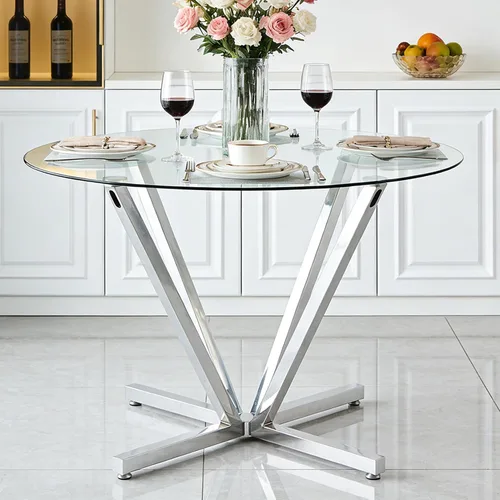 Vista 26 de Mesa de comedor redonda, mesa de cocina de vidrio de 36 pulgadas para 4 personas, mesa de comedor de vidrio templado con patas de metal plateadas