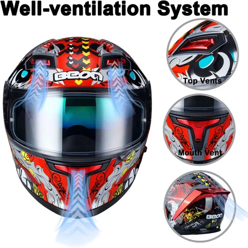 Vista 3 de BEON Full Face Motorcycle Helmet, Street Bike Helmet with Clear&Tinted Visors and Multiple Vents, Motocross Casco DOT Approved for Adult Men Women