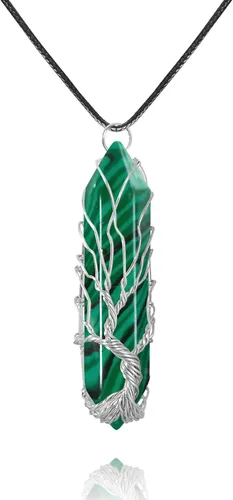 Vista 11 de VIBILIA - Collar con dije sanador para mujeres y hombres, piedra natural hexagonal en punta envuelta con alambre en forma del árbol de la vida