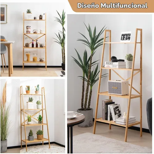 Vista 7 de GIANTEX Estantería de bambú de 4 niveles, estantes de almacenamiento multifuncionales con dispositivo antivuelco, estante de escalera de bambú