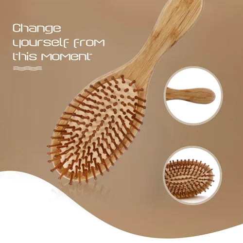 Vista 4 de JewelryWe Cepillo de masaje de bambú natural antiestático ovalado con mango largo para el cabello, cojín de aire, cuidado del cabello, cepillo