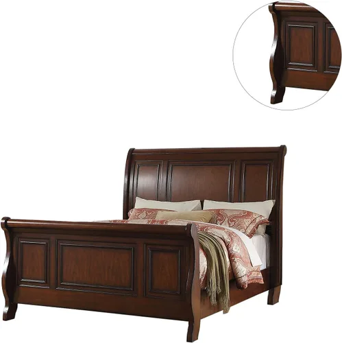 Vista 4 de Cama Queen Trineo de Madera de Pino, Marrón Cereza