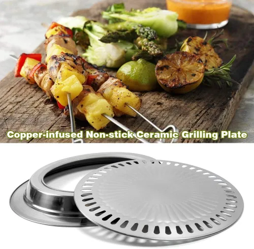 Vista 5 de Sartén coreana para barbacoa para estufa, sartén redonda de acero inoxidable de 11.81 x 1.1 pulgadas, placa de parrilla de campamento