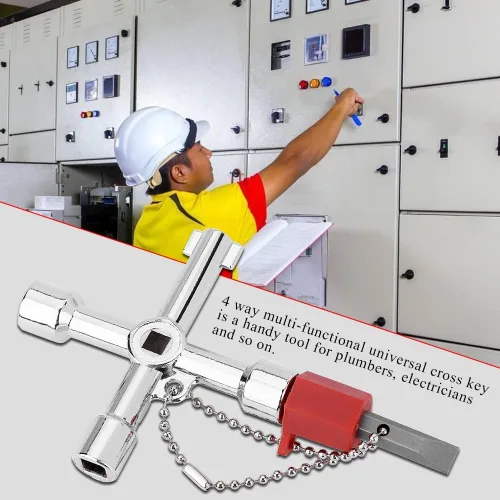 Vista 4 de Nikou Llave de 4 vías, llave de agua cruzada multifuncional de aleación de zinc para fontaneros, electricistas, puerta de tren, caja de armario