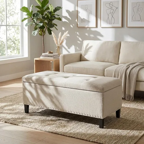 Vista 11 de otomana con almacenamiento de 41 pulgadas, banco otomano grande de almacenamiento para dormitorio Tufted Cotton Linen Bench with Nailhead Trim End