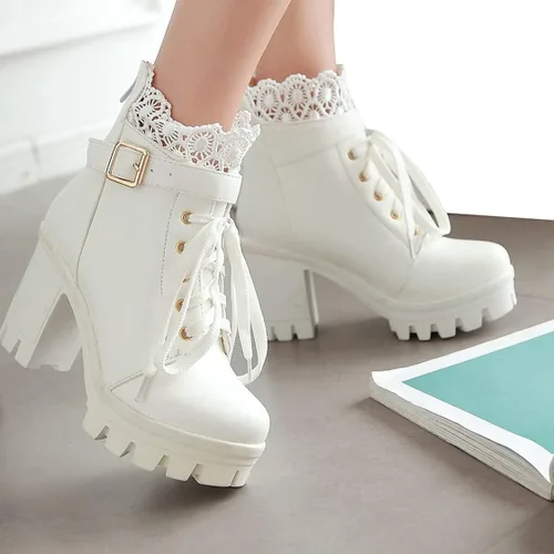 Vista 4 de BEAUPAS Botas de tacón alto con plataforma gruesa para mujer, botines góticos con cordones, tacón de bloque y hebilla, Blanco