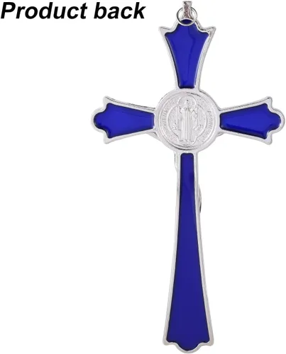 Vista 3 de VINETEN Crucifijo de pared esmaltado azul - Cruz de pared de metal de San Benito, cruz de arte para dar bendición y lo sagrado espiritual, regalo