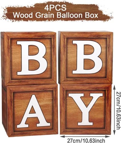 Vista 4 de Cajas de baby shower para decoración de fiesta, 4 bloques de madera de grano marrón con letras de bebé, letras impresas, decoración de centro