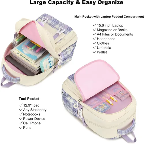 Vista 4 de AO ALI VICTORY Mochila escolar para laptop de 15.6 pulgadas, linda mochila escolar para niños, mochila universitaria primaria, bolsas grandes