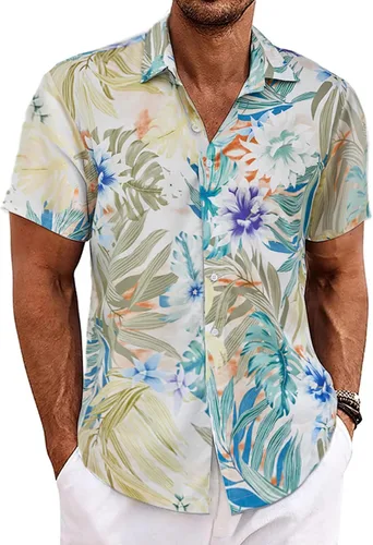 Vista 7 de ZAFUL Camisa hawaiana de algodón de manga corta con botones para el verano, para playa tropical