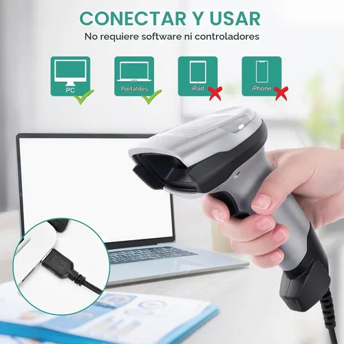 Vista 2 de Escáner de código de barras, 1D CCD lector de código de barras de mano USB conexión con cable escáneres de código de barras para tienda supermercado