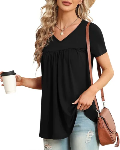 Vista 2 de LAOLASI Blusa de verano para mujer, cuello en V, manga corta, casual, holgada