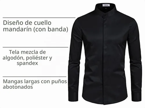 Vista 4 de Camisas de vestir con cuello mandarín para hombre, manga larga, estilo casual, elegantes y de un solo color Negro