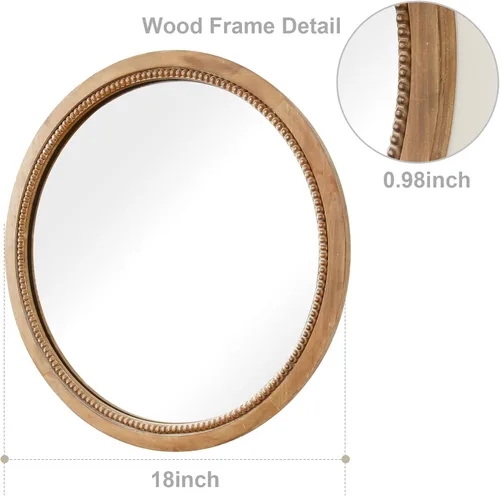 Vista 2 de Sawsile - Espejo redondo de madera, 45 cm, espejo circular rústico de granja con marco natural de madera con cuentas boho, espejo de pared