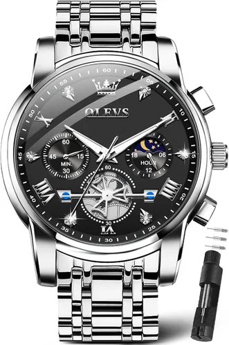 Vista 10 de OLEVS Relojes para hombre de plata, reloj de cronógrafo de acero inoxidable para hombre, reloj analógico de cuarzo de cara grande para hombre
