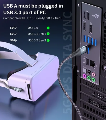 Vista 6 de Sweguard Cable de conexión de realidad virtual de 10 pies compatible con Oculus Quest 2 USB 32 Gen 1 USB A a USB C con transferencia de datos