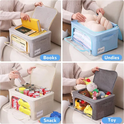 Vista 6 de CYhom Caja de almacenamiento de ropa, juego organizador plegable de tela de lino con ventana transparente, asas de transporte y marco de metal, 2