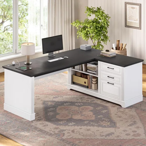 Vista 10 de SEDETA Farmhouse Corner Desk for Small Space, White Small Computer Desk Black and Brown