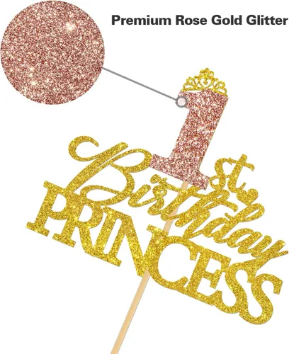 Vista 3 de Decoración de princesa para pastel de primer cumpleaños, letrero de corona brillante de oro rosa, palillos reutilizables para tartas para niñas